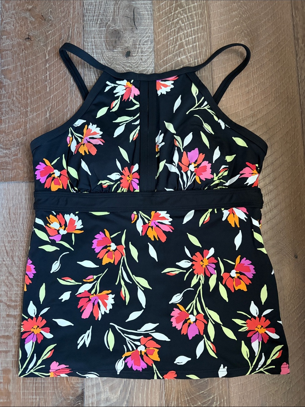 Lands' End Black Floral Tankini-Style Top